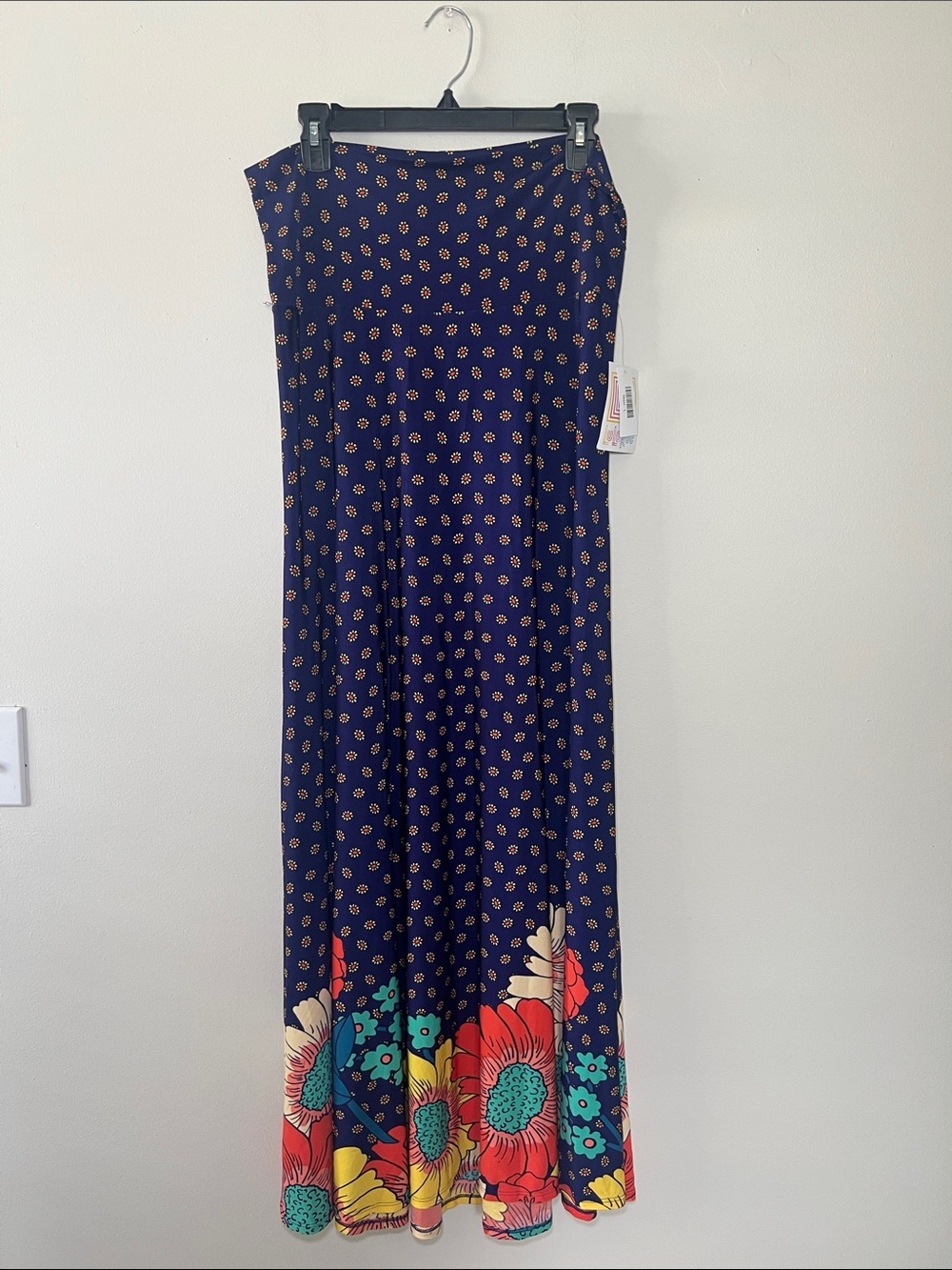 LuLaRoe Navy Maxi Skirt with Bright Floral Hem